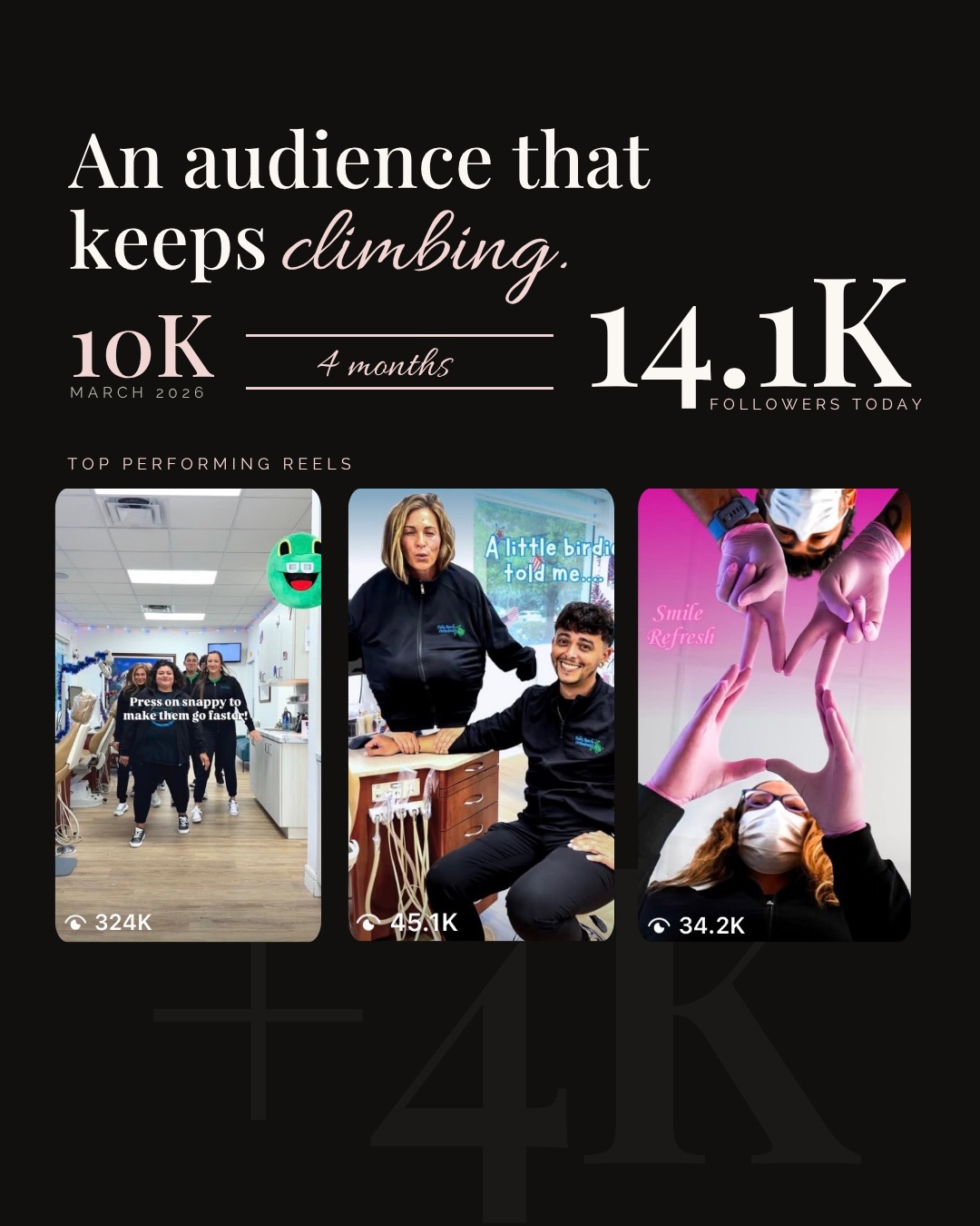 The growth — 10K to 14.1K in 4 months, top reels at 324K, 45.1K, 34.2K